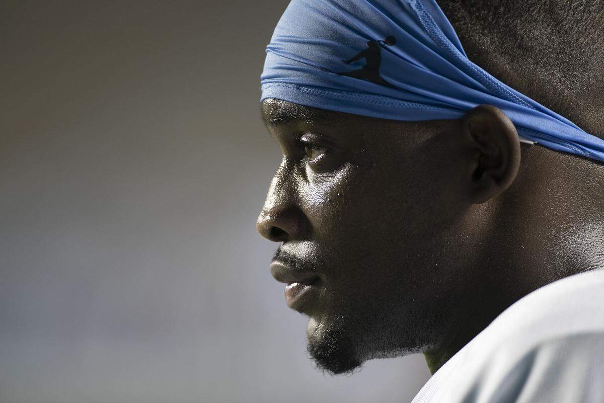 North Carolina defensive back Patrice Rene (5) watches his teammates during the Tar Heels’ practice in Kenan Stadium on Monday August 19, 2019 in Chapel Hill, N.C.