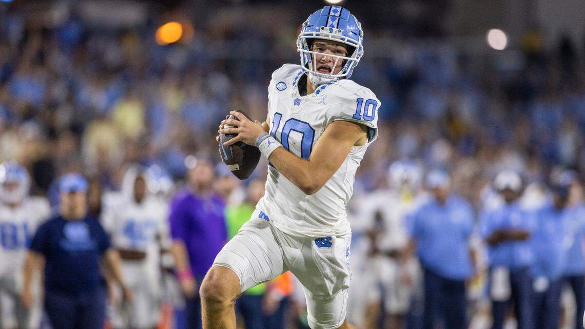 North Carolina quarterback Drake Maye (10) scores on a 14-yard run in the third quarter to give the Tar Heels’ a 35-24 lead against Georgia Tech on Saturday, October 28, 2023 at Bobby Dodd Stadium in Atlanta, Georgia.
