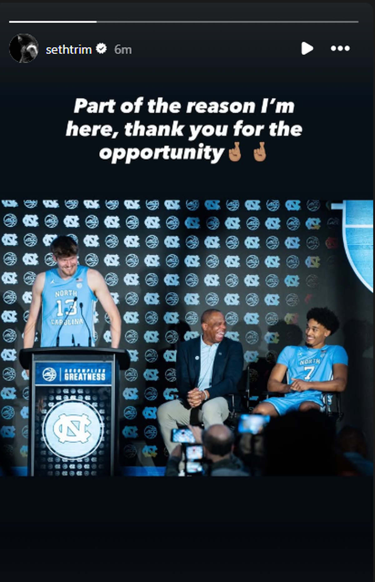 UNC basketball player Seth Trimble posted a photo on his Instagram stories in support of coach Hubert Davis March 24, 2026, after Davis was let go as coach of the Tar Heels.