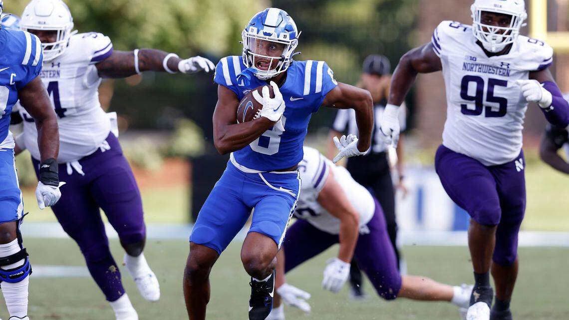 Duke’s Jordan Moore runs the ball during the second half of the Blue Devils’ 38-14 win over Northwestern on Saturday, Sept. 16, 2023, at Wallace Wade Stadium in Durham, N.C.