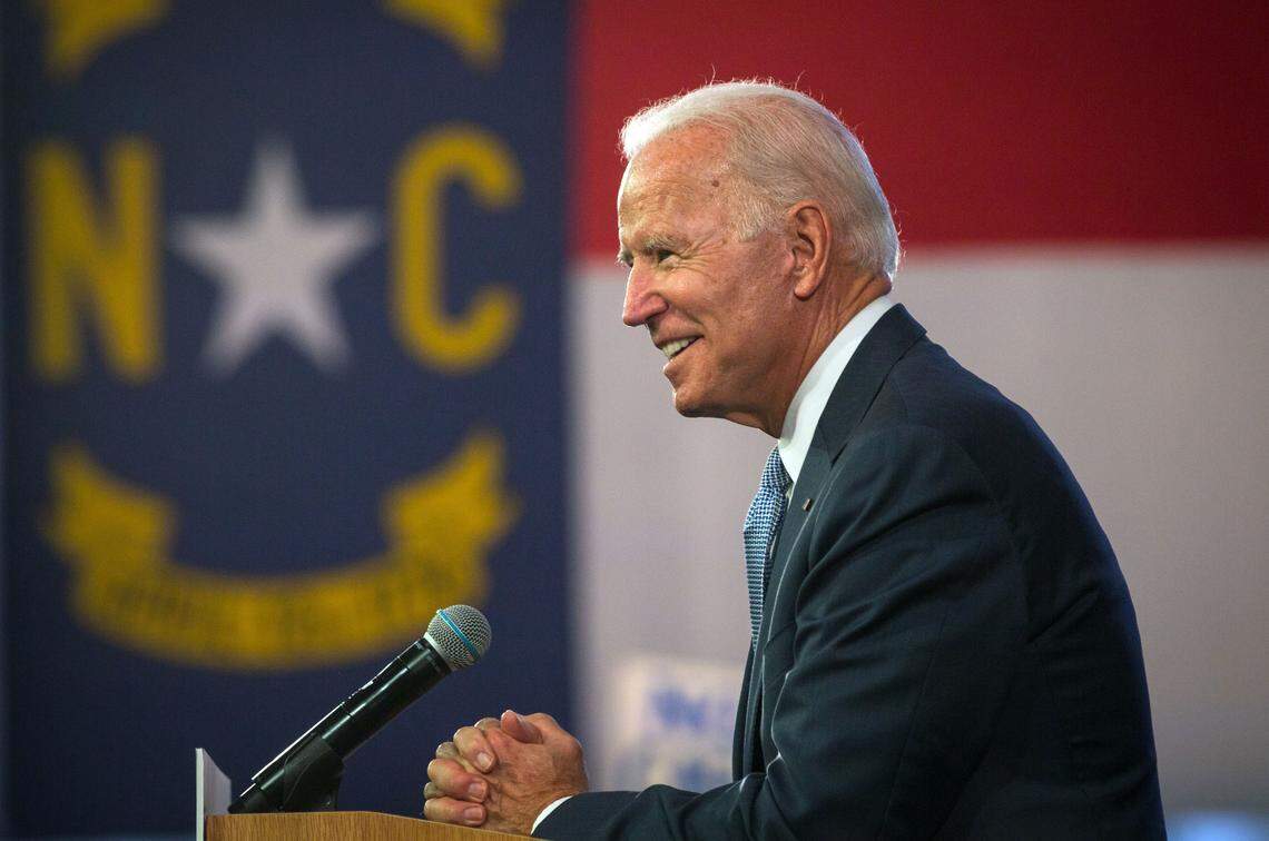 Former Vice President Joe Biden speaks to supporters at Hillside High School in Durham in October.
