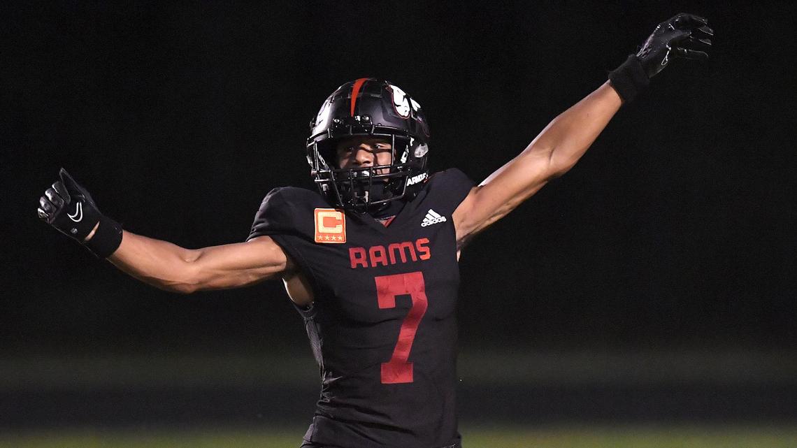 Rolesville’s Kameron Manley (7) celebrates in the endzone after making the interception and running for the touchdown against Butler. The Rolesville Rams and the Butler Bulldogs met in a non-conference football game in Rolesville N.C. on August 18, 2023.