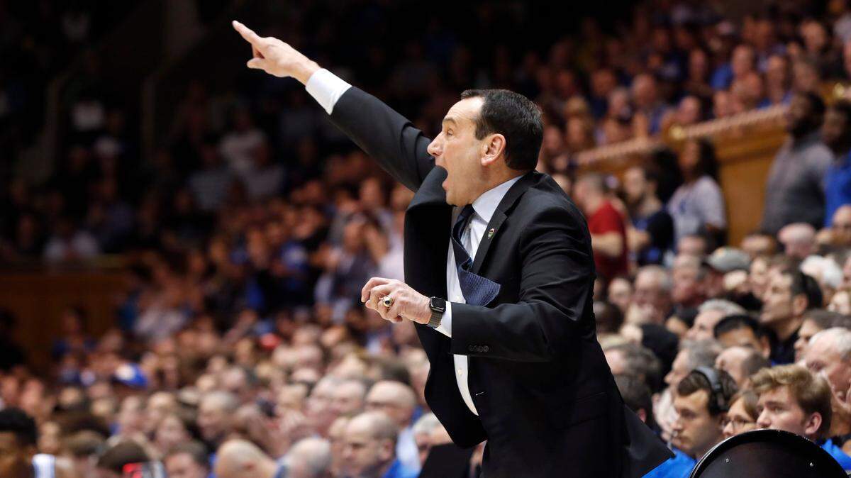 Duke head coach Mike Krzyzewski yells to his team during the second half of Duke’s 79-67 victory over Pittsburgh at Cameron Indoor Stadium in Durham, N.C., Tuesday, Jan. 28, 2020.