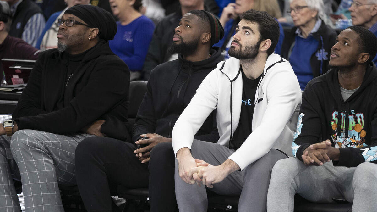 Former North Carolina players Sam Perkins, David Noel, Luke Maye and Kenny Williams watch the introduction video for the Tar Heels prior to their game against UCLA on Saturday, December 21, 2019 during the CBS Sports Classic at T-Mobile Arena in Las Vegas, Nevada.