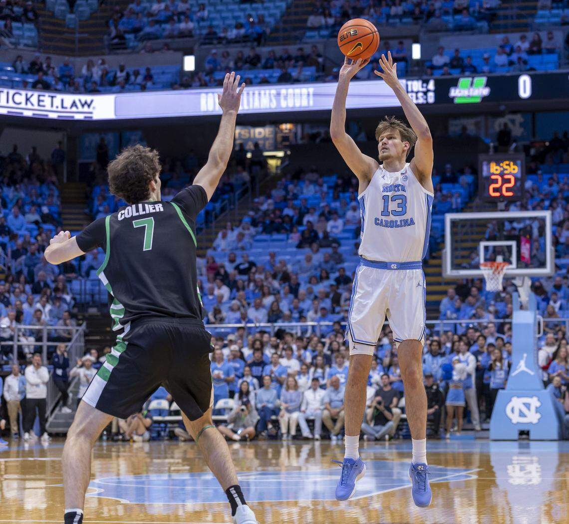 North Carolina center Henri Veesaar (13) launches a three-point shot in the first half against USC Upstate on Saturday, December 13, 2025 at the Smith Center in Chapel Hill, N.C.