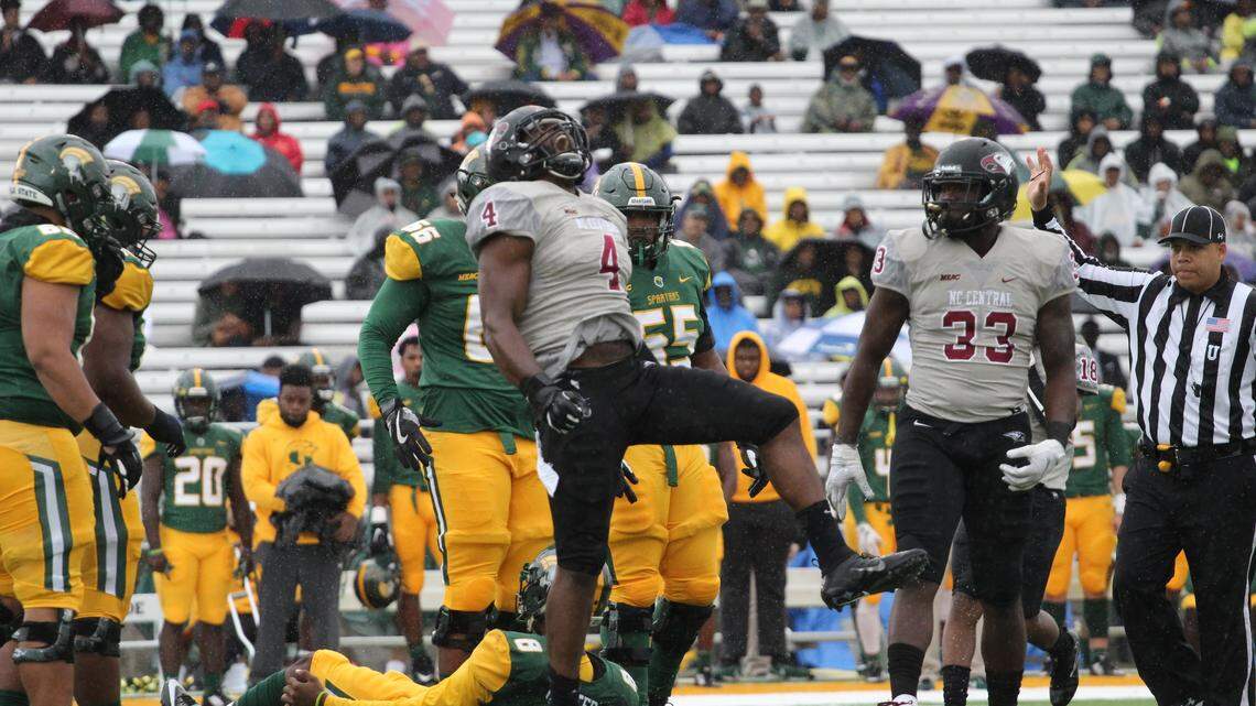 North Carolina Central defensive lineman Randy Anyanwu celebrates one of the Eagles six sacks against Norfolk State Saturday. The Eagles defeated the Spartans 36-6.