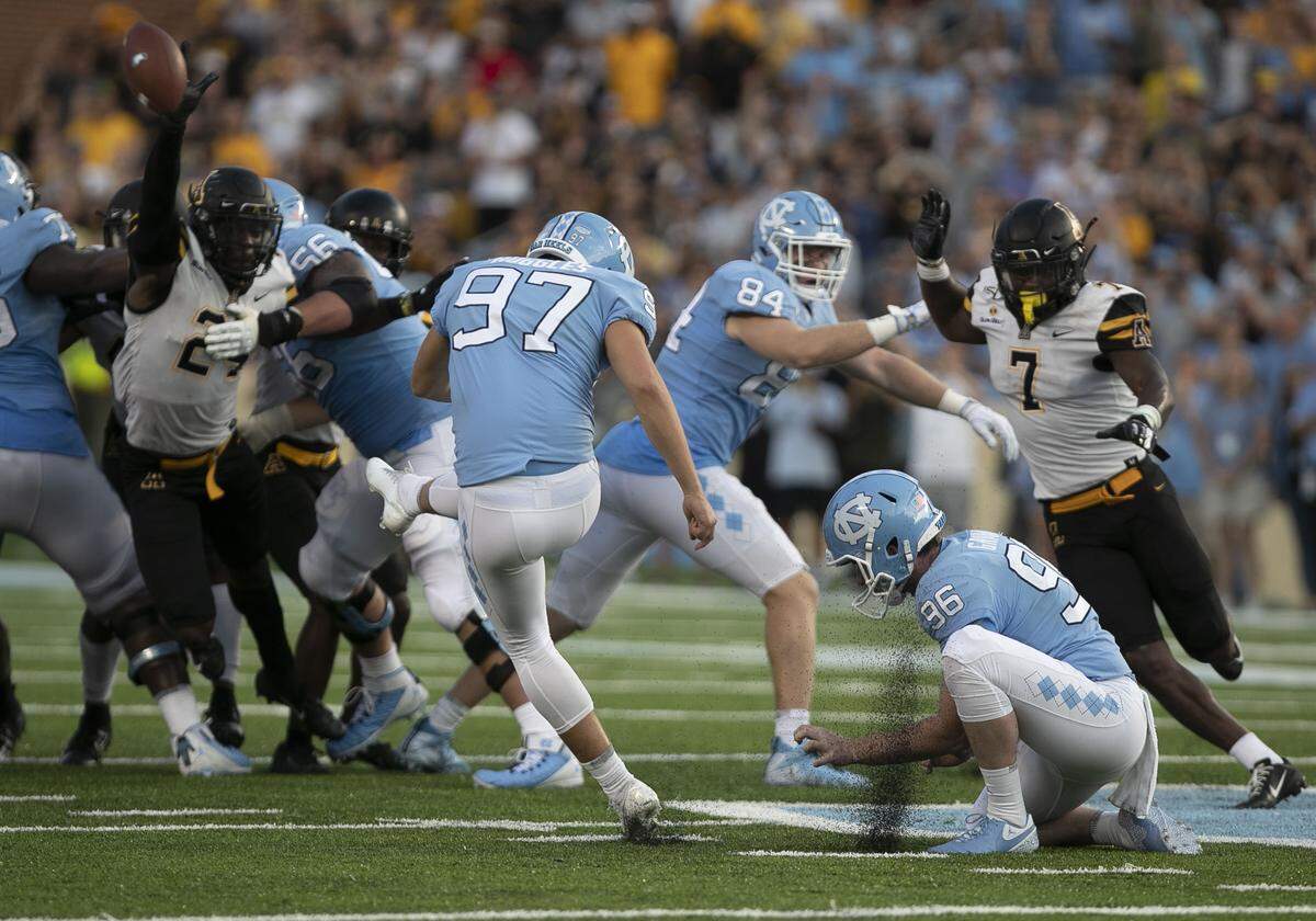 North Carolina kicker Noah Ruggles (97) misses a 56-yard attempt that would have tied the score, giving Appalachian State a 34-3 victory over North Carolina on Saturday, September 21, 2019 at Kenan Stadium in Chapel Hill, N.C.
