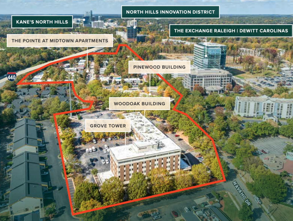 An aerial shot of the newly listed 27.89-acre site between Interstate 440 and St. Albans Drive at Wake Forest Road in Midtown Raleigh. The property sits directly adjacent to Kane Realty’s North Hills Innovation District and The Exchange Raleigh, a billion-dollar mixed-use project developed by Dewitt Carolinas.