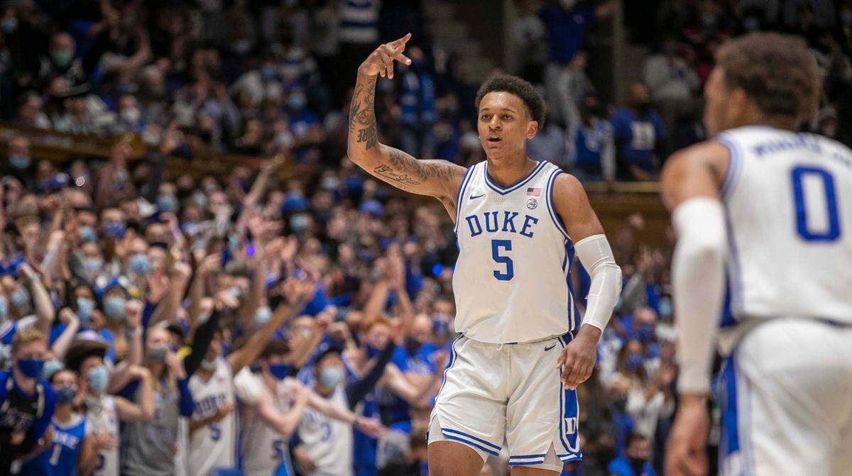 Duke’s Paolo Banchero (5) reacts after sinking a three-point basket to give the Blue Devils’ a 65-48 lead in the second half on Monday, November 22, 2021 at Cameron Indoor Stadium in Durham, N.C. Banchero lead all scores with 28 points in Duke’s 107-81 victory.
