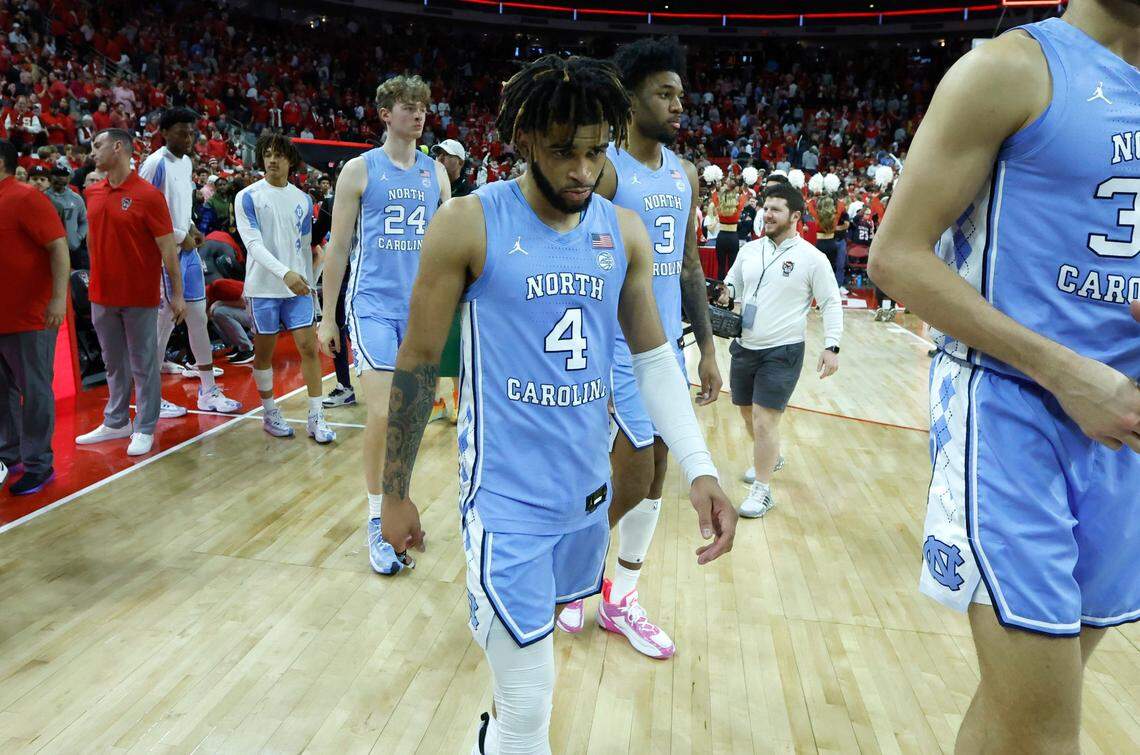 North Carolina’s R.J. Davis (4) walks off the court after N.C. State’s 77-69 victory over UNC at PNC Arena in Raleigh, N.C., Sunday, Feb. 19, 2023.