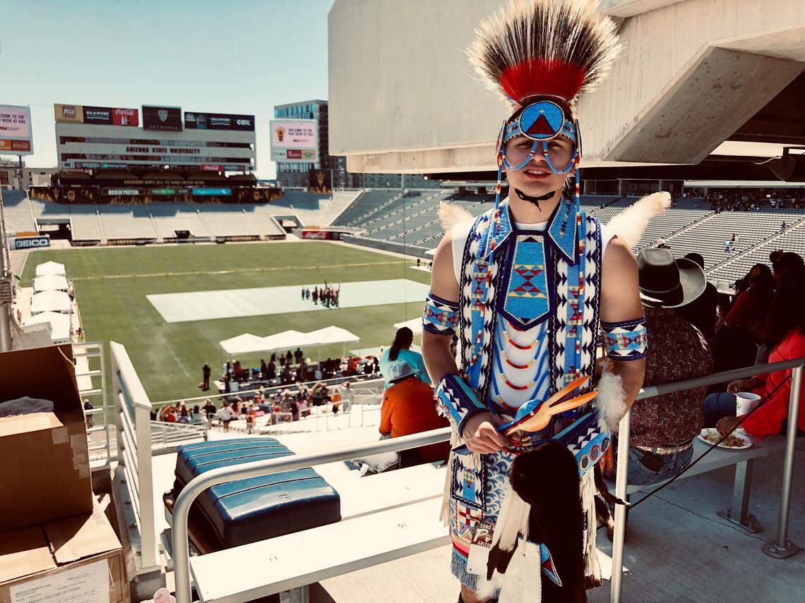 Kevin Chavis, 26, of Lumberton County, North Carolina in his Lumbee tribal regalia for an inter-tribal gathering in April 2019 at the Sun Devil Stadium of Arizona State University.