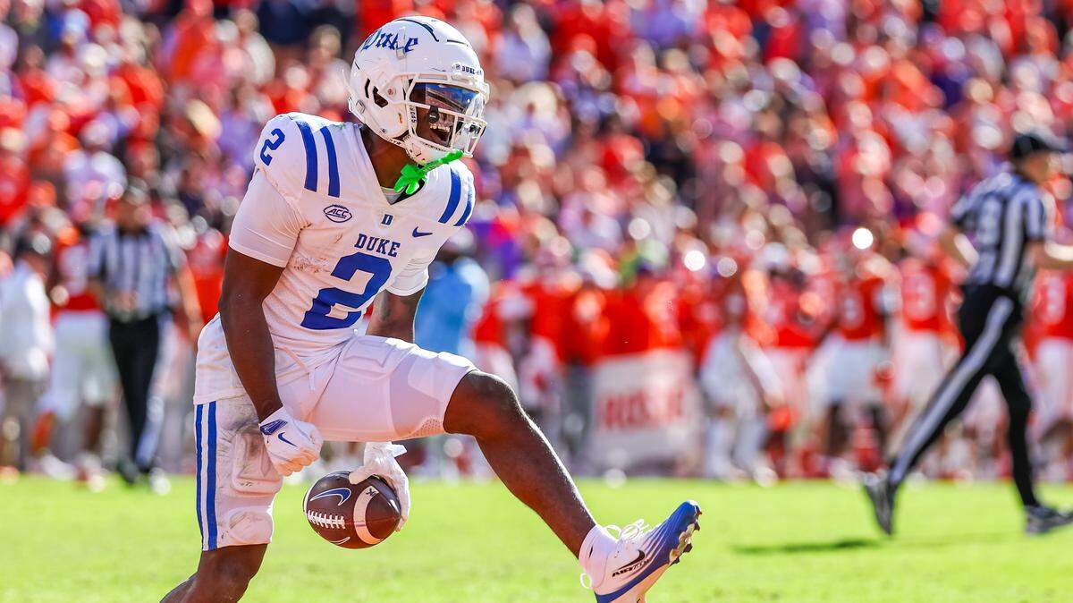 Duke’s Sahmir Hagans (2) celebrates after scoring a 2- point conversion during the second half of a football game against the Clemson Tigers at Memorial Stadium on November 01, 2025 in Clemson, South Carolina.