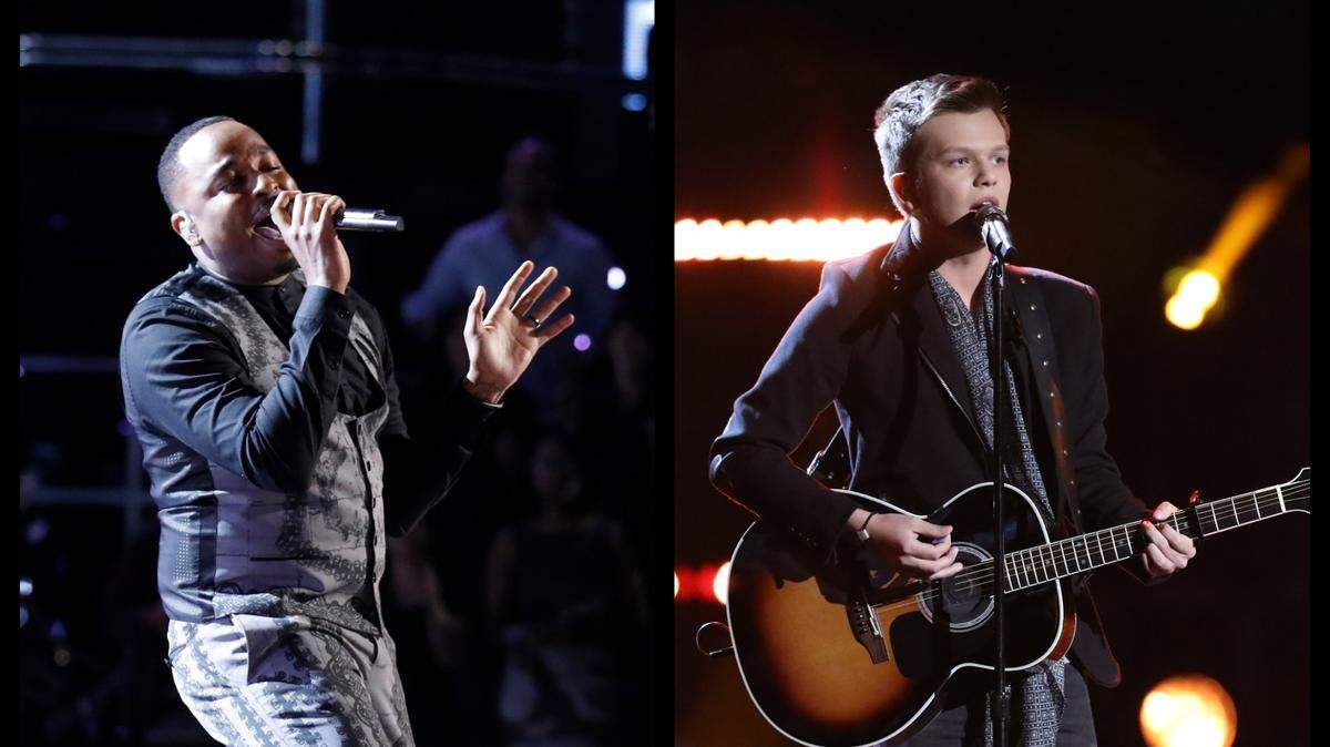 Rayshun LaMarr, left, and Britton Buchanan perform as Top 12 contestants on "The Voice" on April 23.