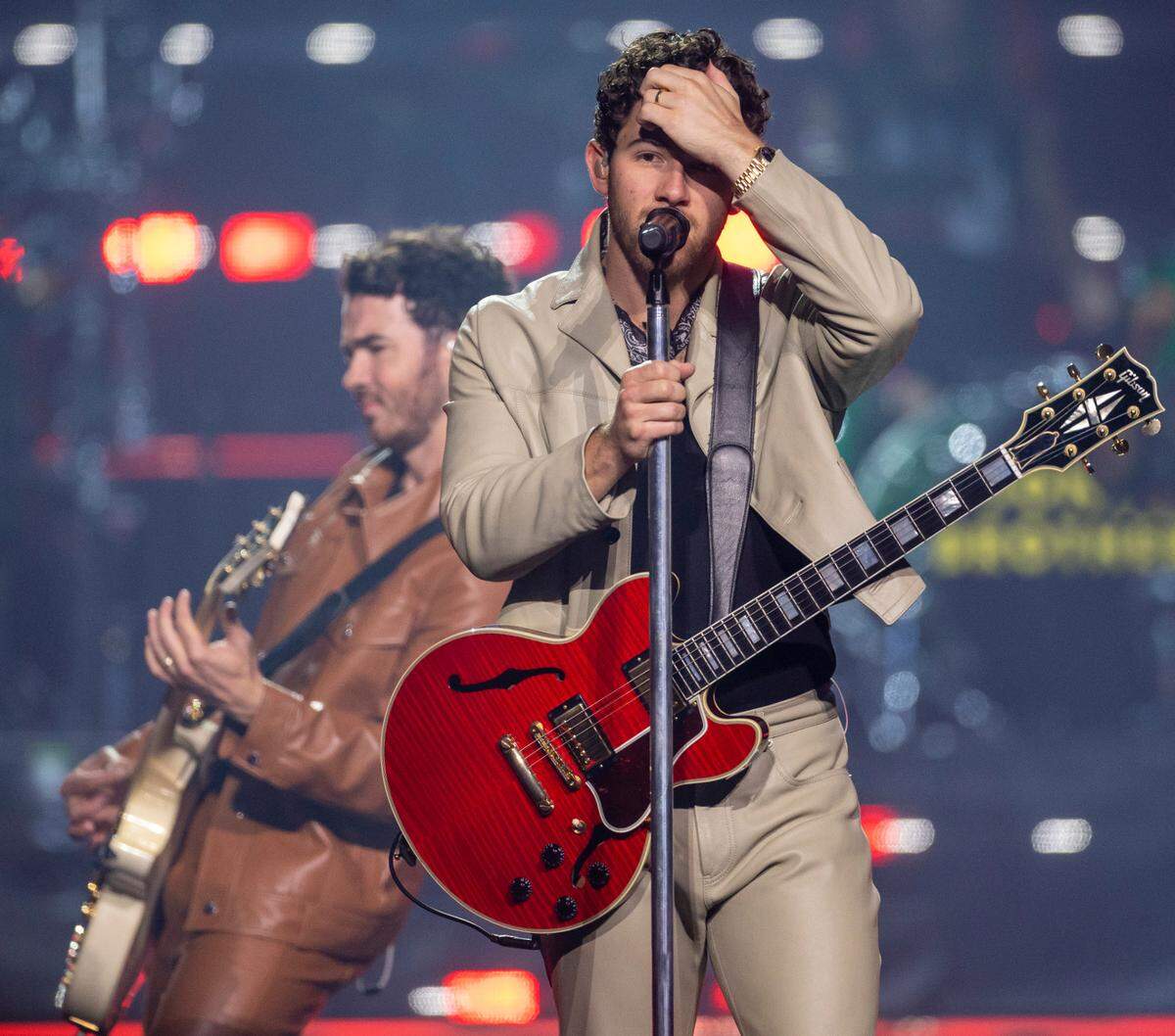 Kevin and Nick Jonas during their “Five Albums, One Night” tour stop at the PNC Arena on Thursday, September 28, 2023 in Raleigh, N.C.