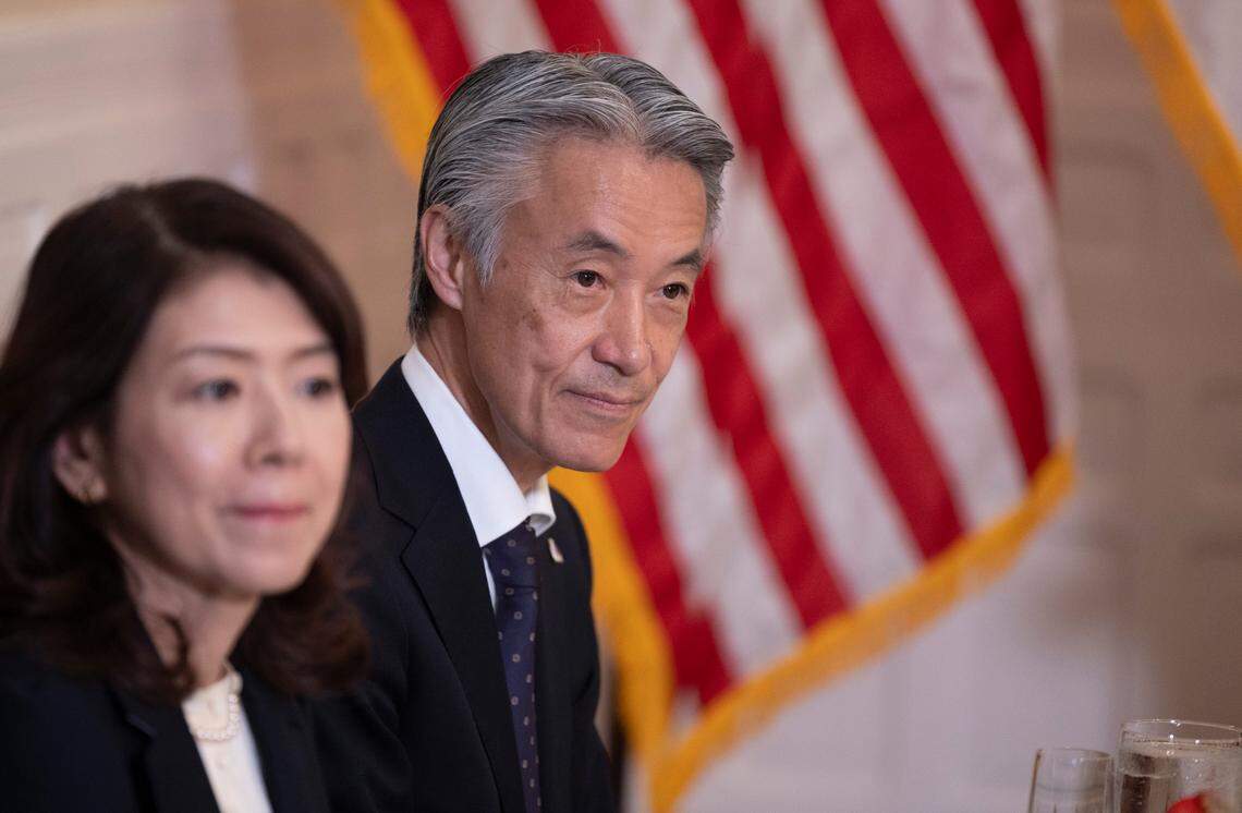 Shigeo Yamada, Japanese Ambassador to the United States, is seated next to Japanese First Lady Yuko Kishida during a luncheon in honor of Japanese Prime Minister Fumio Kishida, during their visit to North Carolina on Friday, April 12, 2024 at the Executive Mansion in Raleigh, N.C.