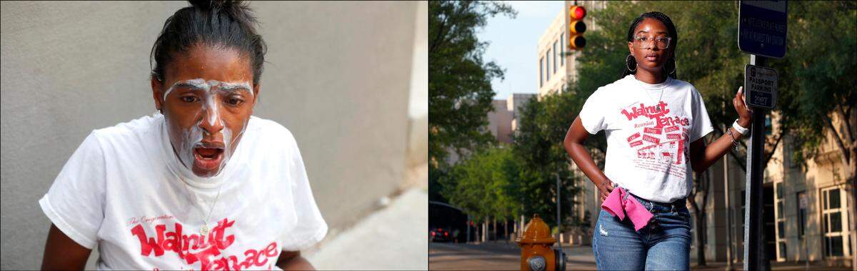 Jessica Peacock was tear gassed during the protests in Raleigh, N.C. on May 30, 2020, left. A year later, Peacock, photographed May 26, 2021, right, says “I think we’re still in a place where we were a year ago. What has shifted is the amount of people who are looking and listening. That is what has shifted. Not so much people’s actions.”