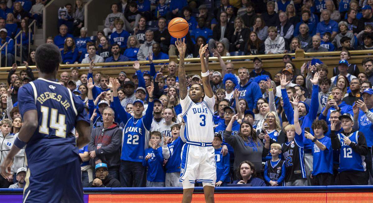 Duke guard Isaiah Evans (3) launches a three-point shot in the first half against Georgia Tech on Wednesday, December 31, 2025 at Cameron Indoor Stadium in Durham, N.C.