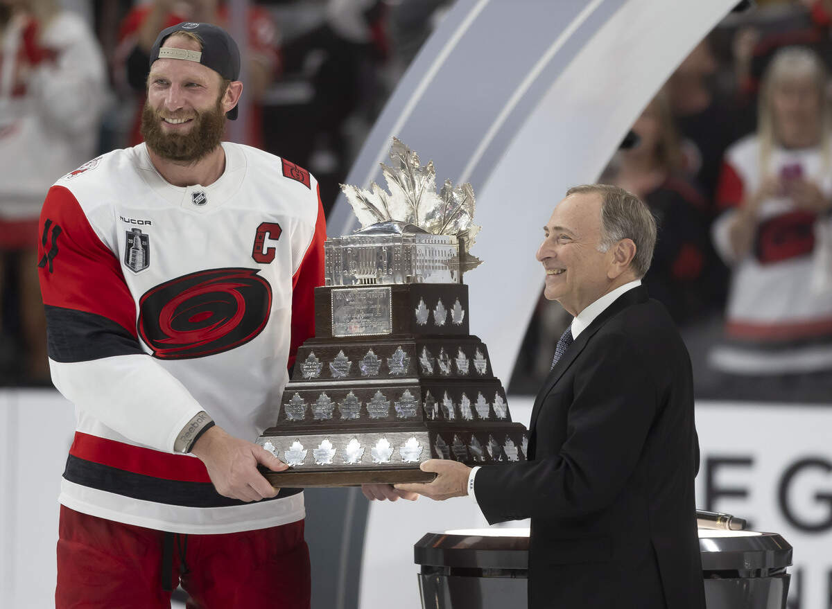 Carolina Hurricanes captain Jordan Staal (11) accepts the Conn Smythe Trophy, after being named the MVP of the Stanley Cup Final, on Sunday, June 14, 2026 at T-Mobile Arena in Las Vegas, NV.