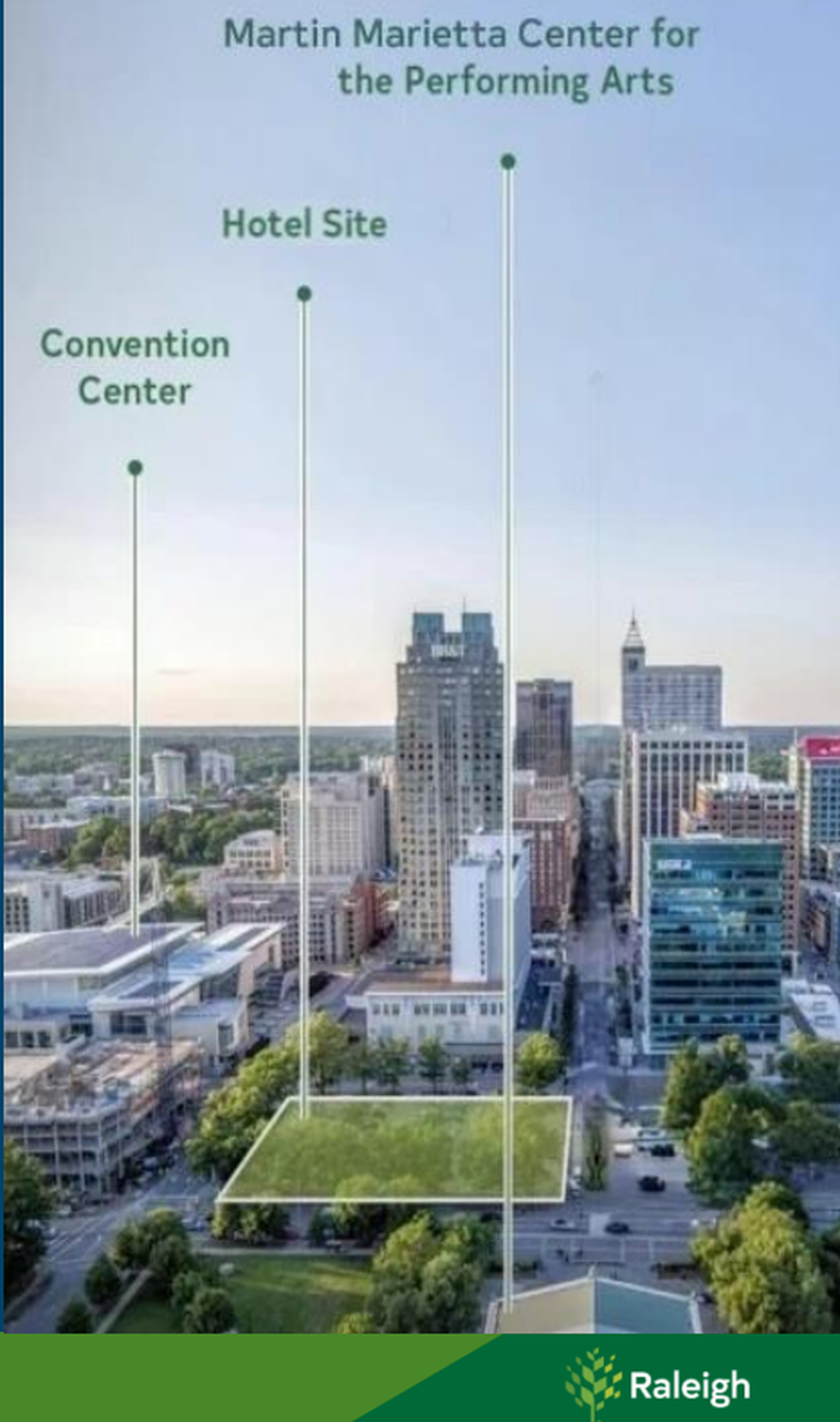 A rendering of the new Omni hotel site in downtown Raleigh, showing at least a partial blockage of the Memorial Auditorium from Fayetteville Street.