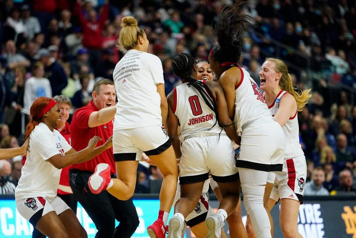 North Carolina State players celebrate after defeating Notre Dame in a college basketball game during the Sweet Sixteen round of the NCAA women’s tournament, Saturday, March 26, 2022.