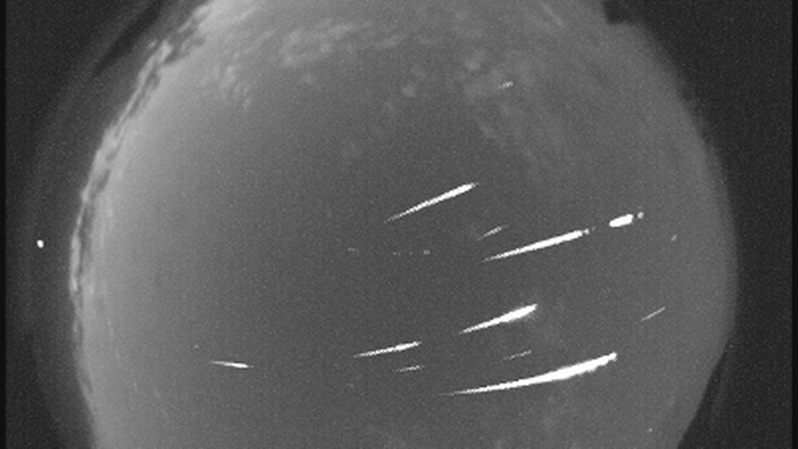 Ac omposite image of 13 Eta Aquariid meteors from the NASA All Sky Fireball Network station in Mayhill, New Mexico the morning of May 6, 2013. This year, the meteor shower will be visible through May 28.