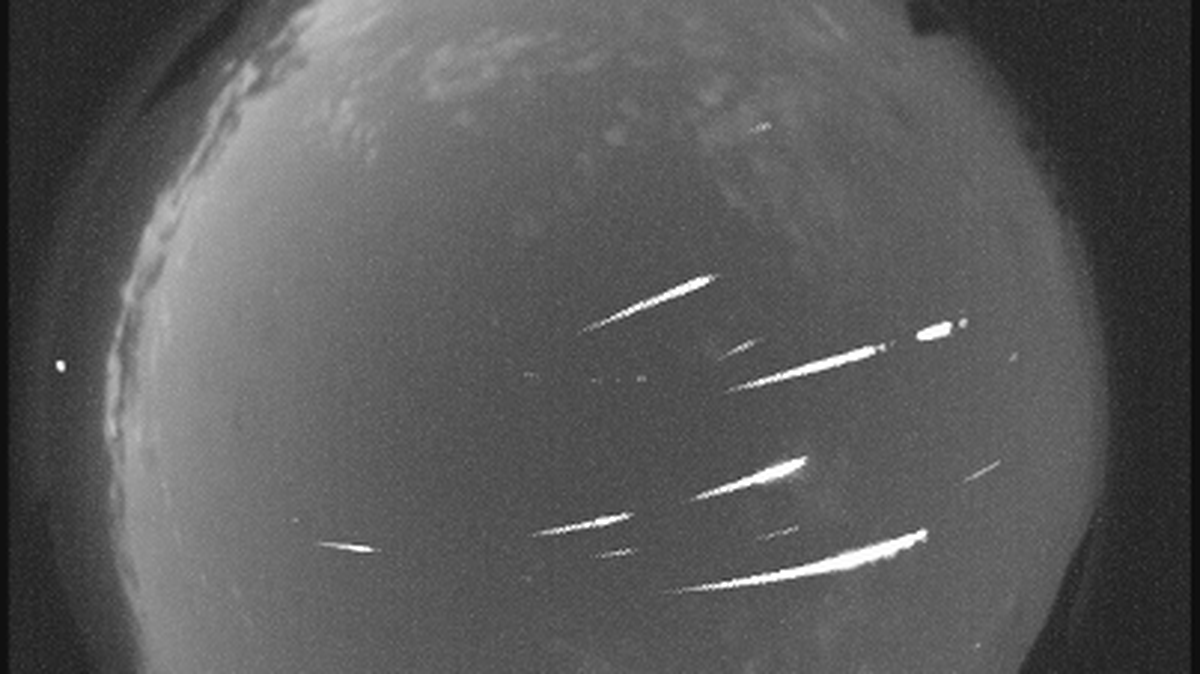 A composite image of 13 Eta Aquariid meteors from the NASA All Sky Fireball Network station in Mayhill, New Mexico the morning of May 6, 2013. This year, the meteor shower will be visible through May 27.