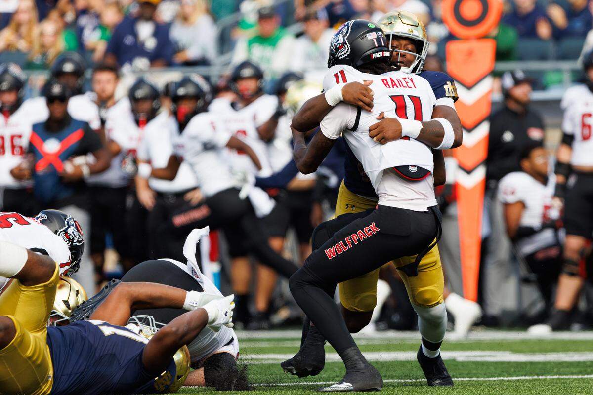 Notre Dame defensive lineman Boubacar Traore sacks NC State quarterback CJ Bailey during their game at Notre Dame Stadium on Oct. 11, 2025, in South Bend.