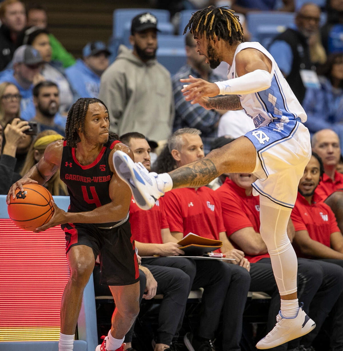 North Carolina’s R.J. Davis (4) defends Gardner-Webb’s D.Q. Nicholas (4) during the second half on Tuesday, November 15, 2022 at the Smith Center in Chapel Hill, N.C.