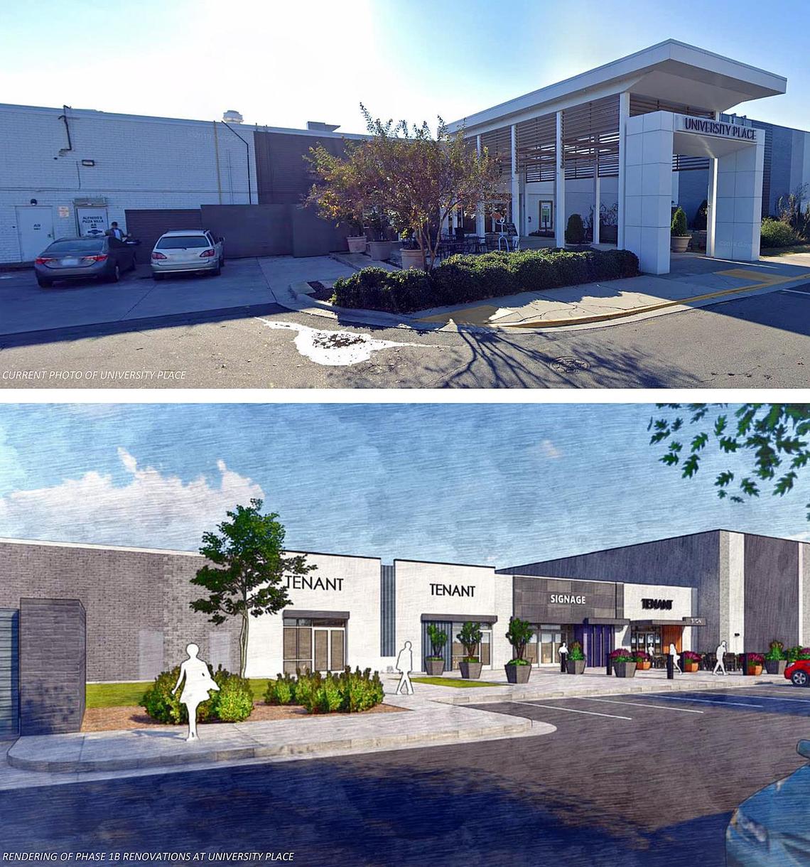 A “before” photo and “after” rendering show the changes that are planned for the University Place entrance across from Harris Teeter. Plans will be submitted to the Community Design Commission for approval this fall, Ram Realty officials said.