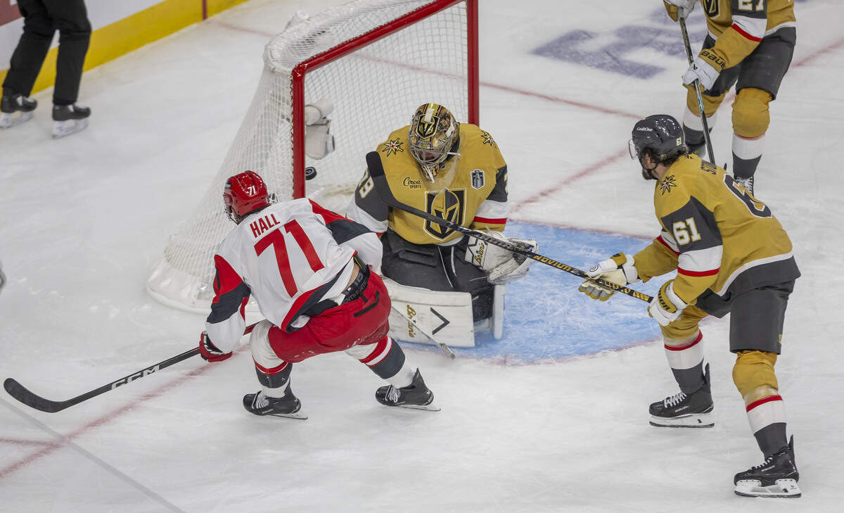 Carolina Hurricanes left wing Taylor Hall (71) scores on Vegas goalie Carter Hart (79) to cut the Vegas lead to 4-2 in the third period in Game 3 of the Stanley Cup Final, on Saturday, June 6, 2026 at T-Mobile Arena in Las Vegas, NV.