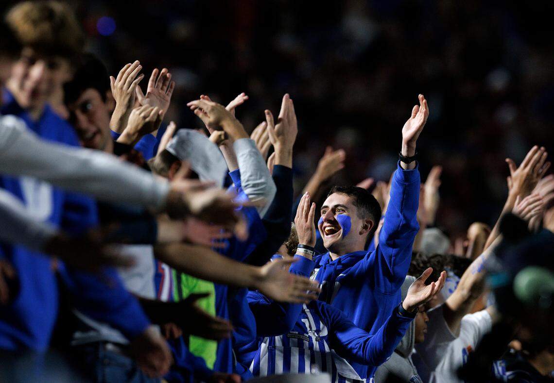 Duke fans dance during the second half of the Blue Devils’ 23-16 win over Florida State on Friday, Oct. 18, 2024, at Wallace Wade Stadium in Durham, N.C.