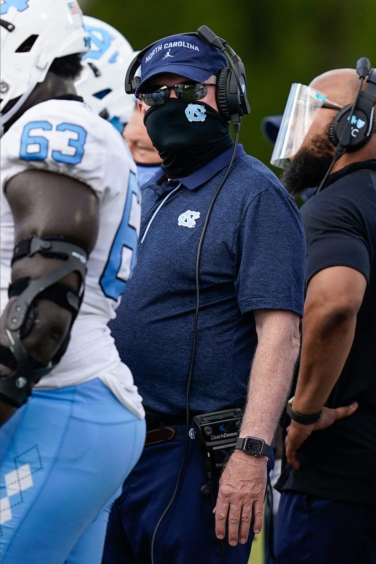 North Carolina Tar Heels head coach Mack Brown looks up at the scoreboard during a time out against the Duke Blue Devils during the second half at Wallace Wade Stadium. 