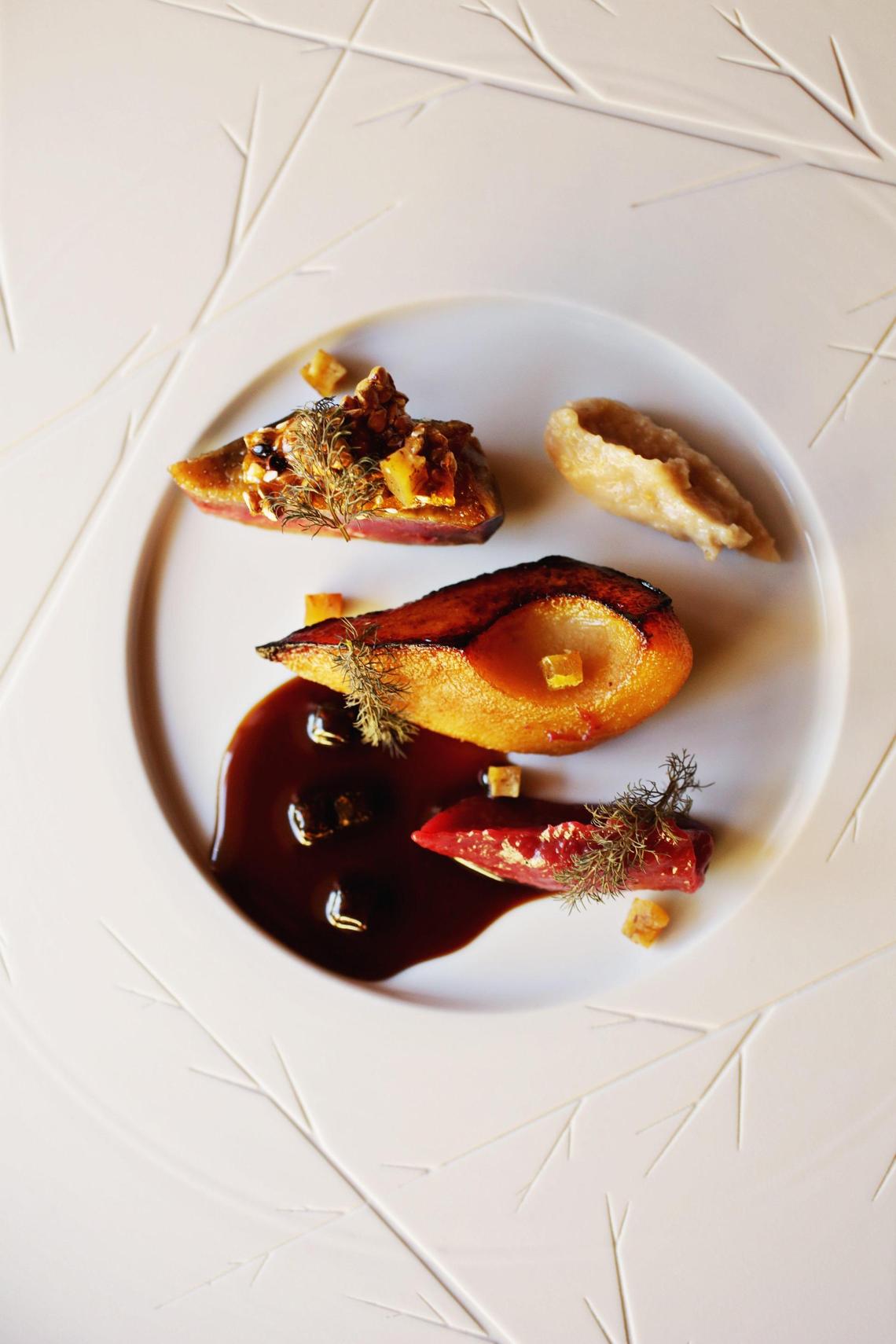 Herons’ squab is served here with roasted pear, chestnut polenta and black truffle.