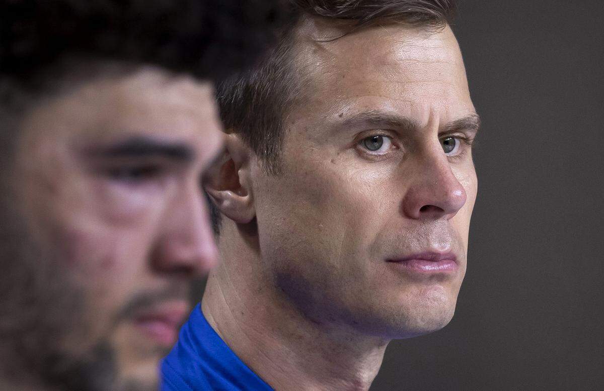 Duke forward Cameron Boozer and coach Jon Scheyer field questions following their 73-72 loss to Connecticut on Sunday, March 29, 2026, in the NCAA East Regional Final, at Capital One Arena in Washington, D.C. The Blue Devils held a 19 point lead in the first half. 