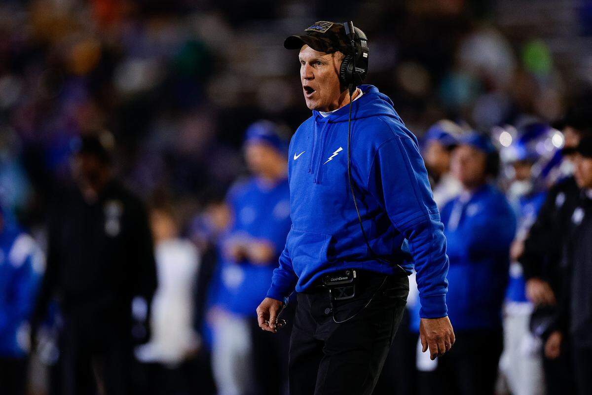 Air Force Falcons head coach Troy Calhoun in the third quarter against the Wyoming Cowboys at Falcon Stadium.