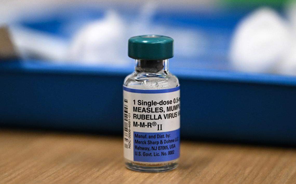 A dose of the measles vaccine is seen on a table at a health center in Lubbock, Texas, on February 27, 2025. 