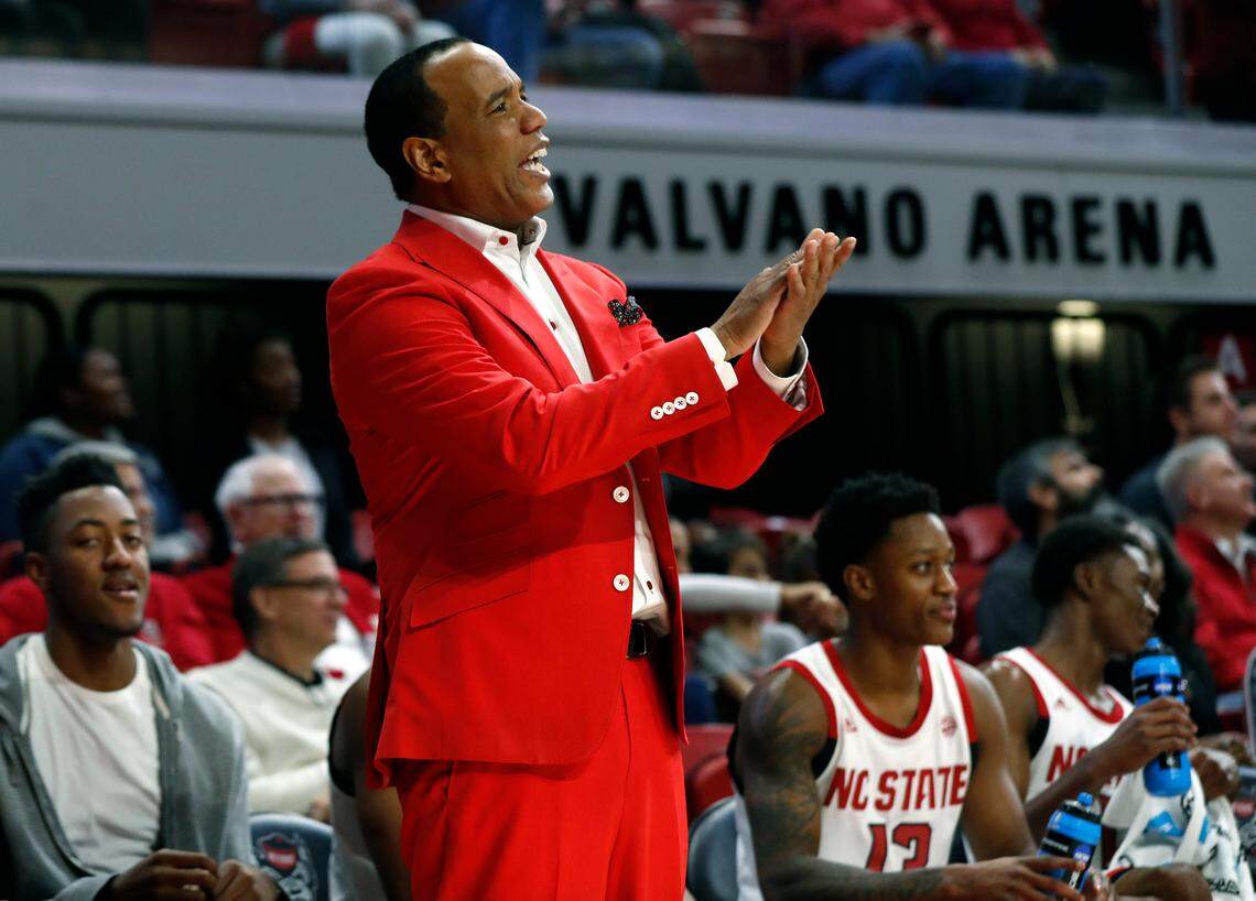 N.C. State head coach Kevin Keatts encourages his team during the second half of N.C. State’s 100-67 victory over Western Carolina at Valvano Arena at Reynolds Coliseum in Raleigh, N.C., Wednesday, Dec. 5, 2018.