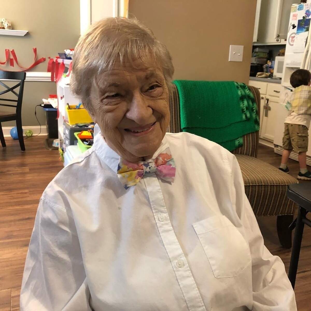 Grandma, in her fancy bow tie for Easter dinner in 2018.