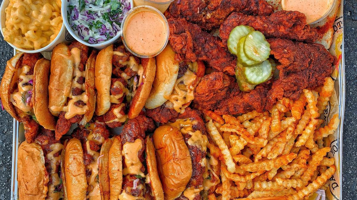 A plate of food at Dave’s Hot Chicken.