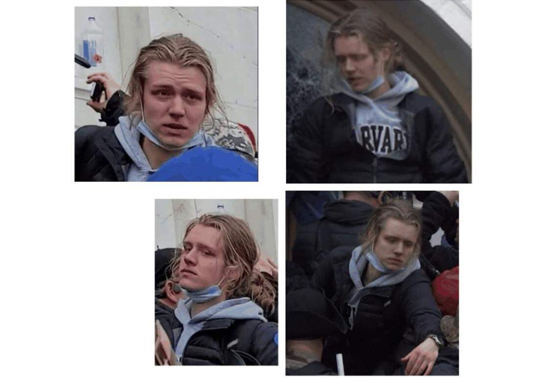 Aiden Henry Bilyard, 19, of Cary, pictured in FBI court filings that connect him to the Jan. 6, 2021 riots at the U.S. Capitol. He has been charged with several crimes for participating in the riots, including assaulting law enforcement.
