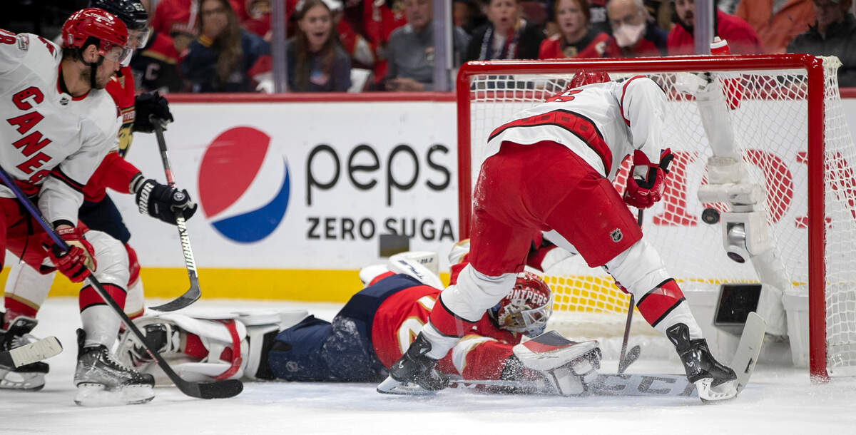 The Carolina Hurricanes Paul Stastny (26) rebounds a shot off the post by Brady Skjei (76), to score on Florida Panther goalie Sergei Bobrovsky (72) in the first period during the Eastern Conference Finals on Wednesday, May 24, 2023 at FLA Live Arena in Sunrise, Fla.