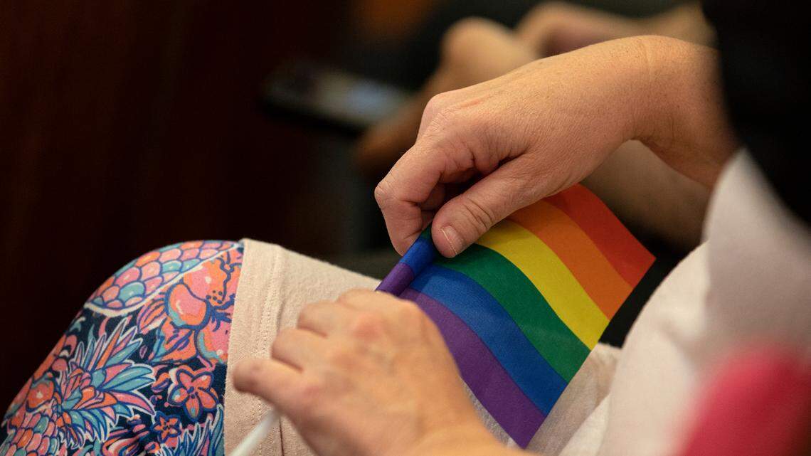 A person holds a rainbow flag during a Holly Springs Town Council meeting on Tuesday, June 7, 2022 in Holly Springs, N.C. Requests for the town to issue a proclamation for Pride Month have been unsuccessful.