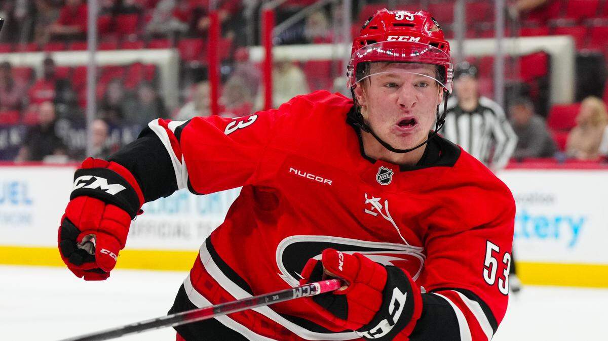 Carolina Hurricanes right wing Jackson Blake (53) skates against the Nashville Predators during the third period at Lenovo Center.