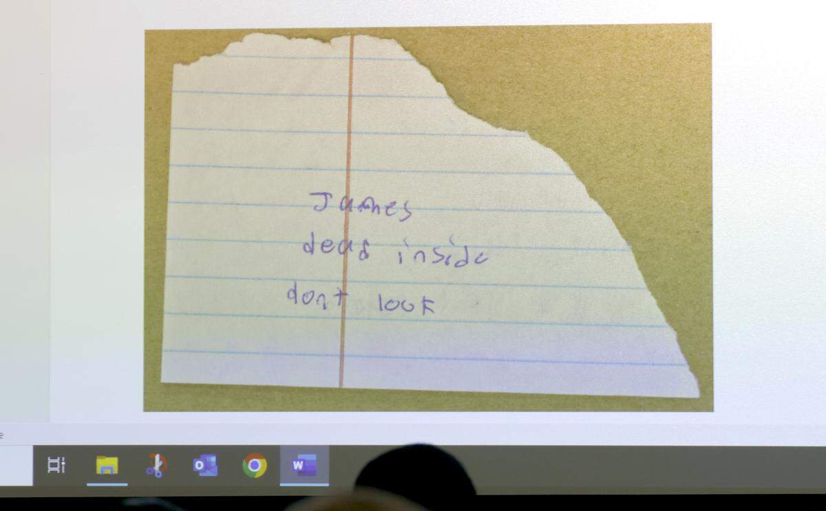 A note found in the Thompson home is shown during the sentencing hearing for Austin Thompson in Wake County Superior Court on Thursday, Feb. 5, 2026. Thompson previously plead guilty in the 2022 Hedingham neighborhood mass shooting.