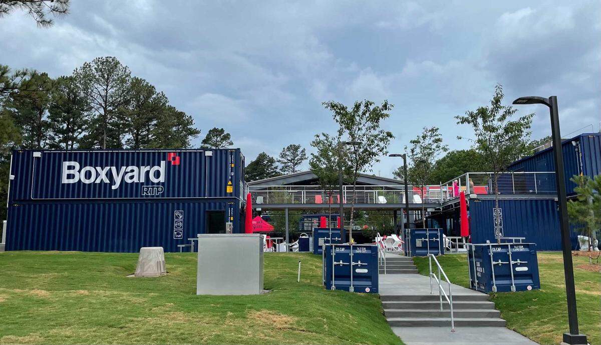 The Boxyard in Research Triangle Park on June 3, 2021, a collection of shipping containers that serve as a center of restaurants, cafes and breweries next to the Frontier. The Boxyard’s 13 tenants include Fullsteam Brewery, Beyu Caffe and Lawrence Barbeque.