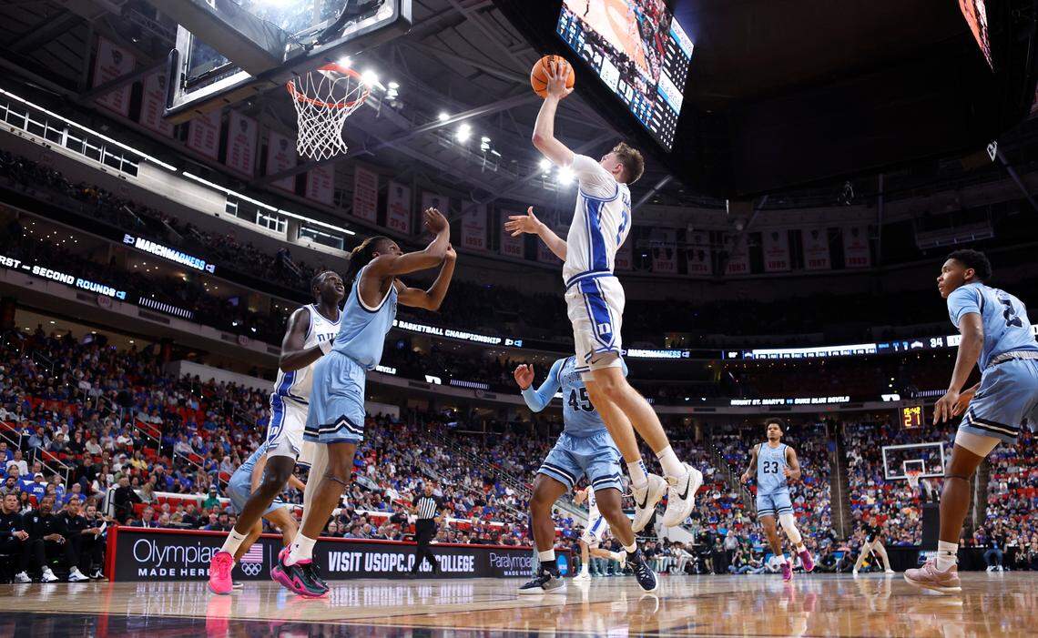 Duke’s Cooper Flagg (2) shoots during Duke’s 93-49 victory over Mount St. Mary’s in the first round of the 2025 NCAA Men’s Basketball Tournament at the Lenovo Center in Raleigh, N.C., Friday, March 21, 2025.