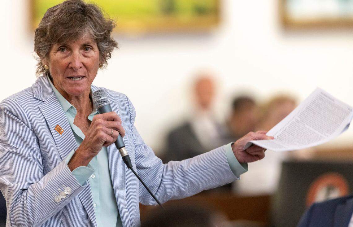 In this file photo, Rep. Pricey Harrison speaks on the floor of the House on Wednesday, June 22, 2022 in Raleigh, N.C.