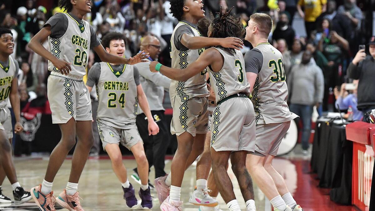 The Central Cabarrus Vikings celebrate after their 65-51 victory over Northwood in the NCHSAA 3A Boys Basketball Championship Game. The Northwood Chargers and the and the Central Cabarrus Vikings met in the NCHSAA 4A Championship Game in Raleigh, NC on March 11, 2023.