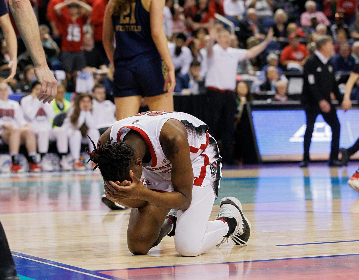 N.C. State’s Saniya Rivers reacts after a turnover with less than a minute remaining in the Wolfpack’s 55-51 loss to Notre Dame in the ACC Tournament final on Sunday, March 10, 2024, at Greensboro Coliseum in Greensboro, N.C.