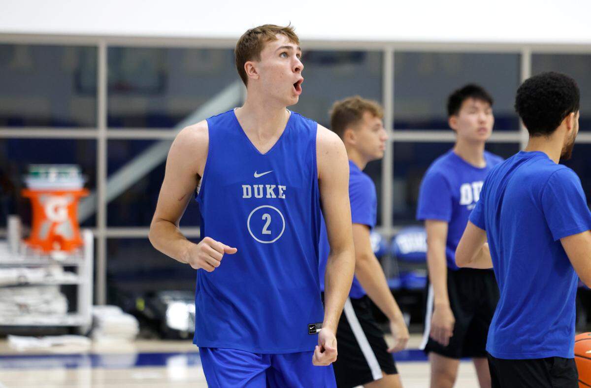 Duke’s Cooper Flagg (2) celebrates during practice in Durham, N.C., Friday, Sept. 27, 2024.